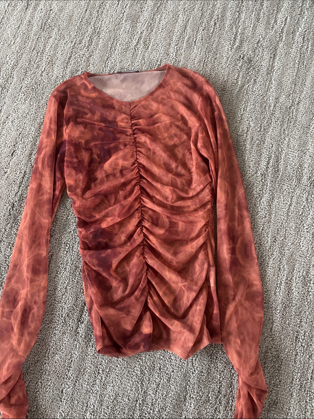 Sisley Rust Red Ruched Long-Sleeve Sheer Top